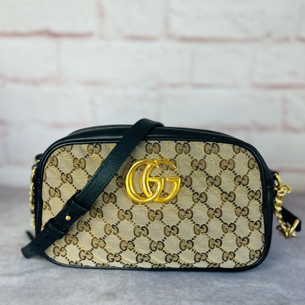 Gucci Beige GG Supreme Canvas Crossbody with Black Trim and Gold Hardware
